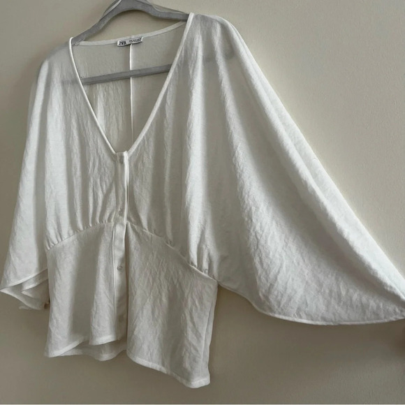 ZARA Gauzy Romantic White Batwing Dolman Sleeve Cropped Button Blouse Top - Picture 5 of 10